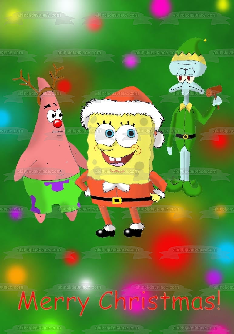 SpongeBob SquarePants Merry Christmas SpongeBob Santa Costume Squidword Elf Costume Patrick Reindeer Costume Edible Cake Topper Image ABPID53064