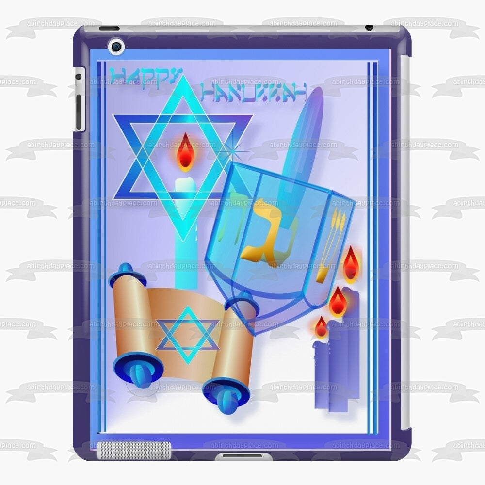 Happy Hanukkah Candles Dreidel Star of David Edible Cake Topper Image ABPID53067