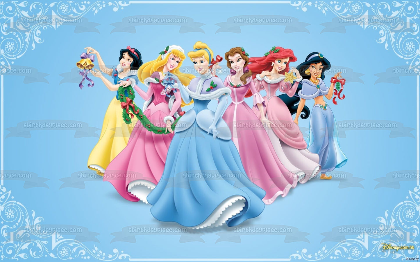 Disney Princess Merry Christmas Snow White Aurora Cinderella Belle Ariel Jasmine Christmas Decorations Edible Cake Topper Image ABPID53089