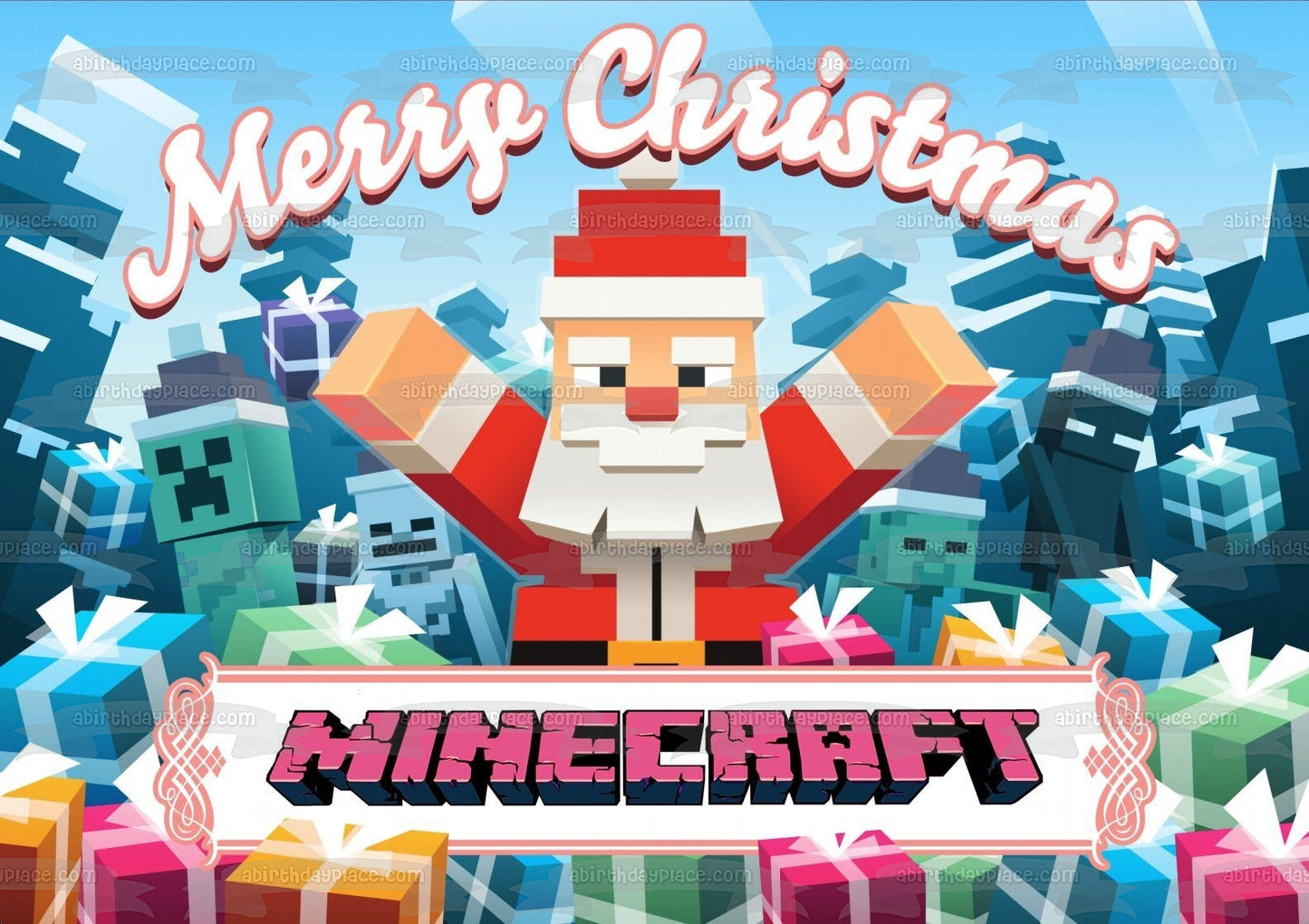 Minecraft Merry Christmas Santa Claus Creepers Presents Edible Cake Topper Image ABPID53095