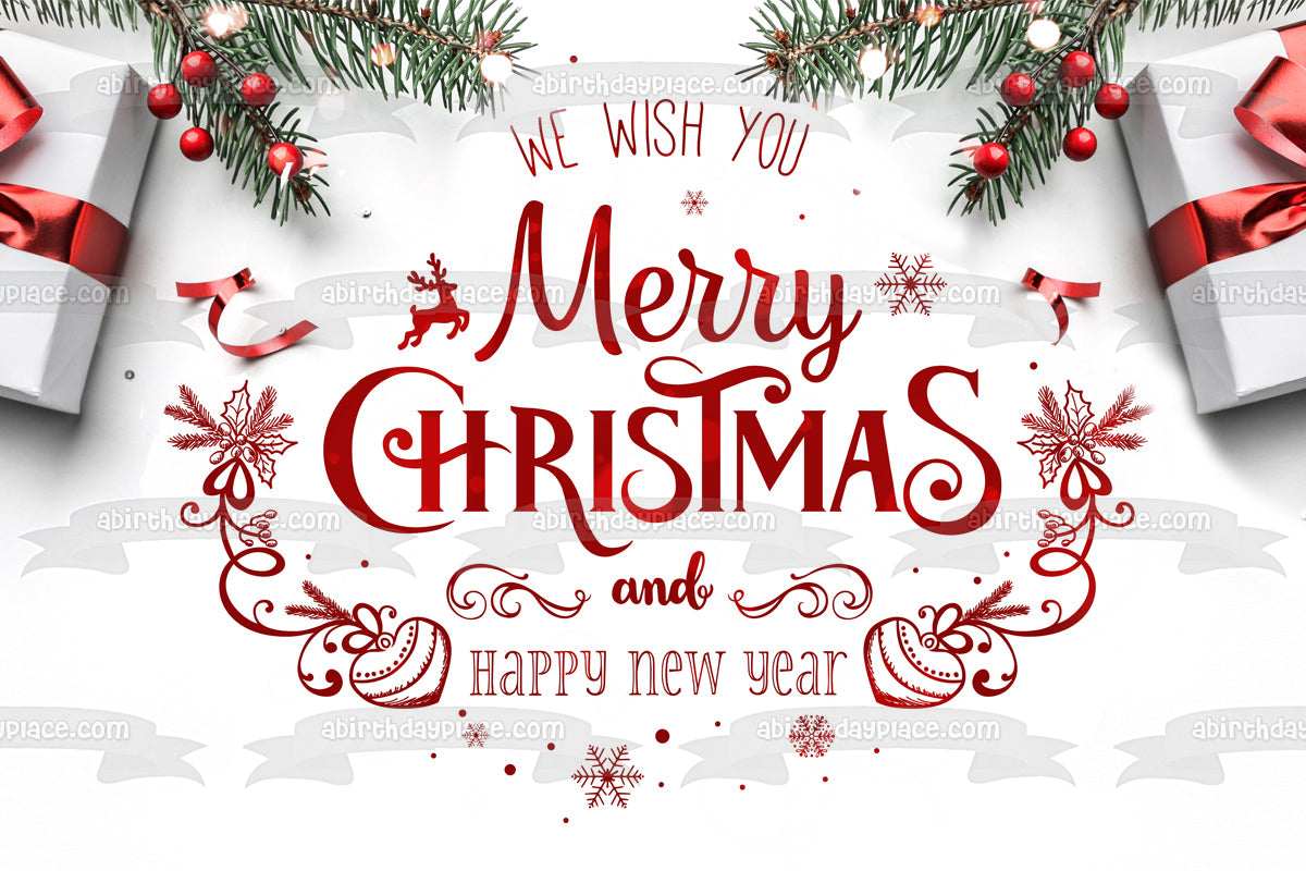 We Wish You Merry Chirstmas and Happy New Year Christmas Decorations Edible Cake Topper Image ABPID53106