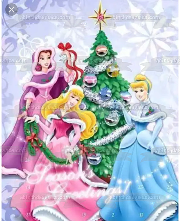 Disney Princess Merry Christmas Belle Cinderella Aurora Christmas Tree Edible Cake Topper Image ABPID53120