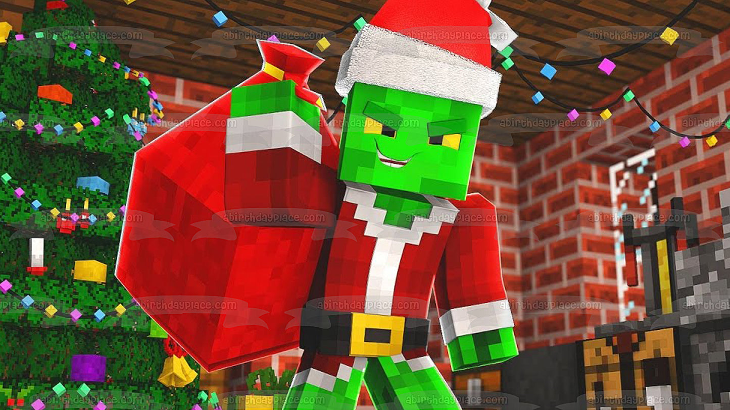 Minecraft Merry Christmas Santa Claus Creeper Christmas Tree Edible Cake Topper Image ABPID53124