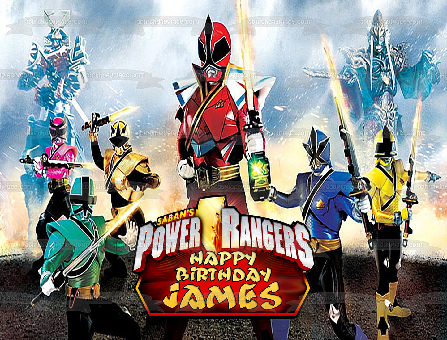 Power Rangers Super Samurai Happy Birthday Customizable Red Samurai Green Samurai Pink Samurai Yellow Samurai Blue Samurai Gold Samurai Edible Cake Topper Image ABPID53500