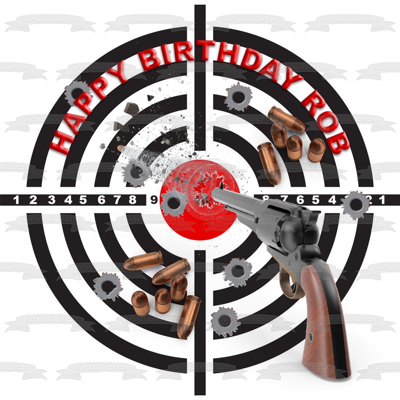 Revolver Gun Target Flying Bullet Happy Birthday Customizable Edible Cake Topper Image ABPID53648