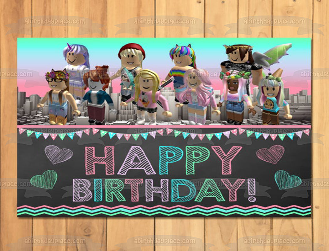 Imagen comestible para decoración de tarta de feliz cumpleaños del grupo de chicas de Roblox ABPID53692 