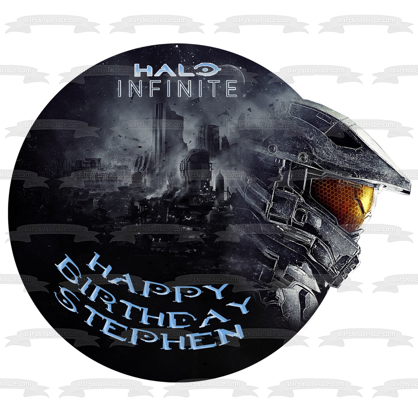 Halo Infinite Feliz Cumpleaños Tu Nombre Personalizado Imagen comestible para decoración de tarta ABPID53713 