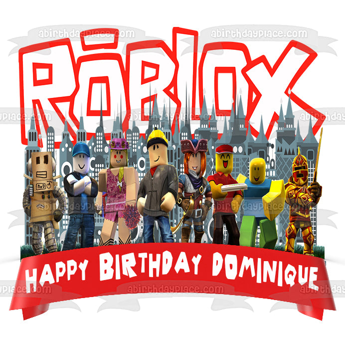 Roblox Cityscape Logo Happy Birthday Customizable Banner Assorted Characters Edible Cake Topper Image ABPID53788