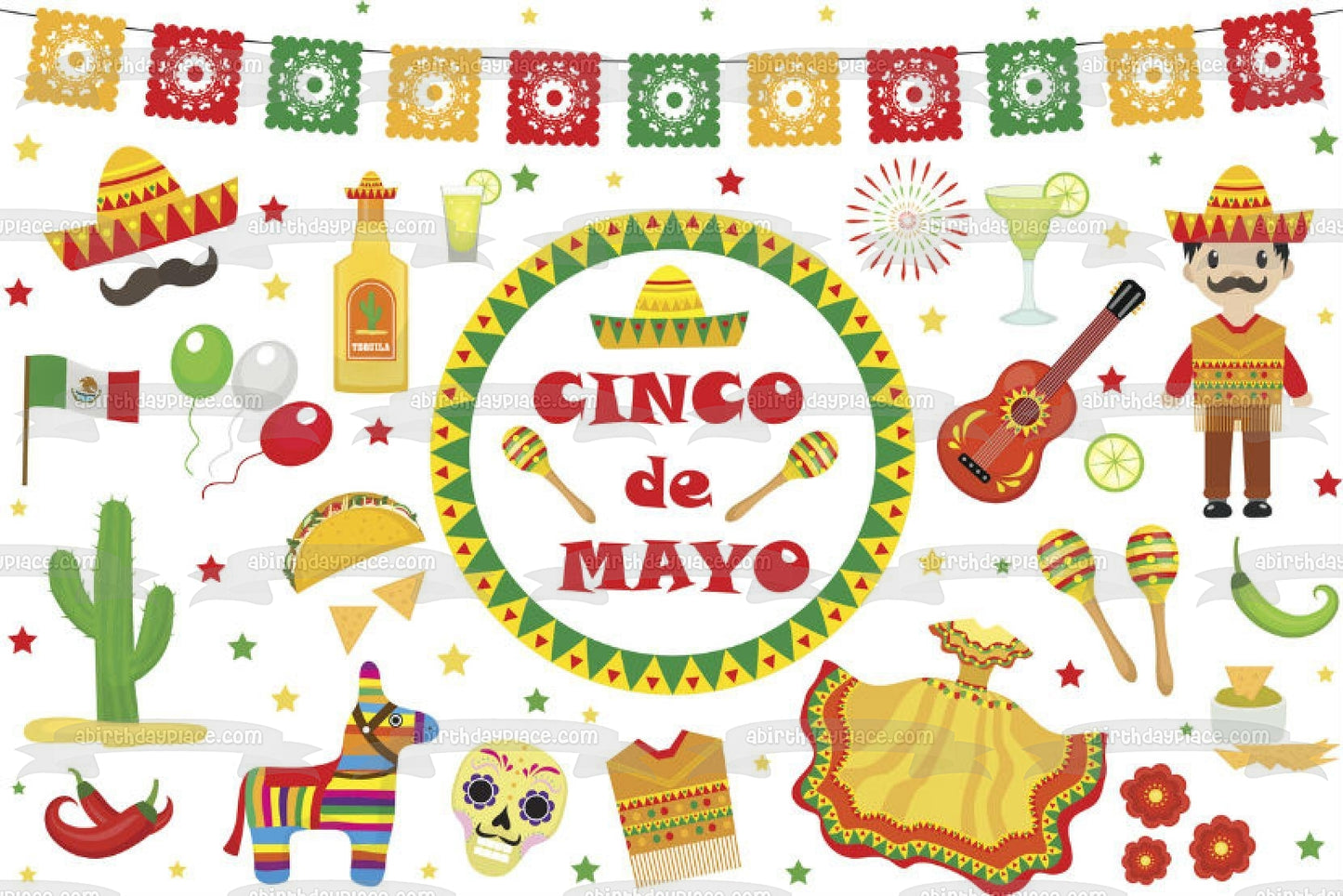 Cinco De Mayo Sombrero Chili Peppers Guitarra Maracas Edible Cake Topper Imagen ABPID53792 