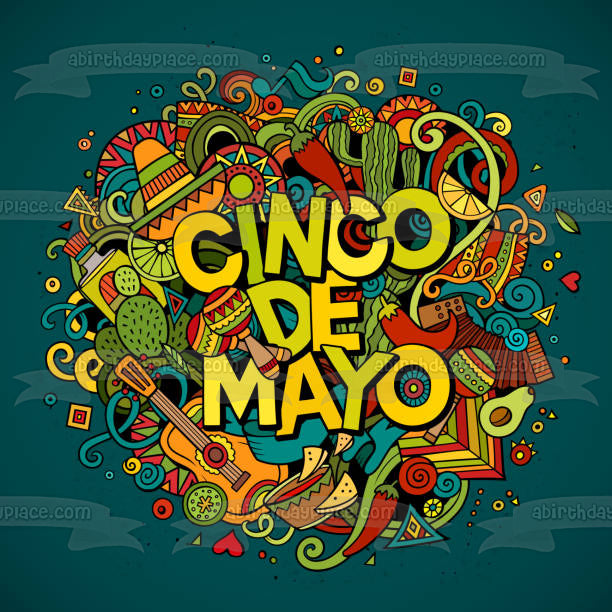 Cinco De Mayo Sombrero Cactus Maracas Chili Peppers Edible Cake Topper Image ABPID53796