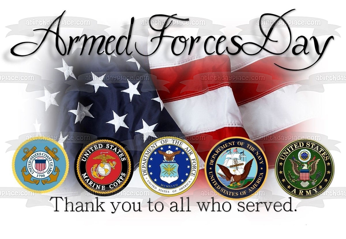 Armed Forces Day American Flag Military Seals "Thank You to All Who Served" Edible Cake Topper Image ABPID53831