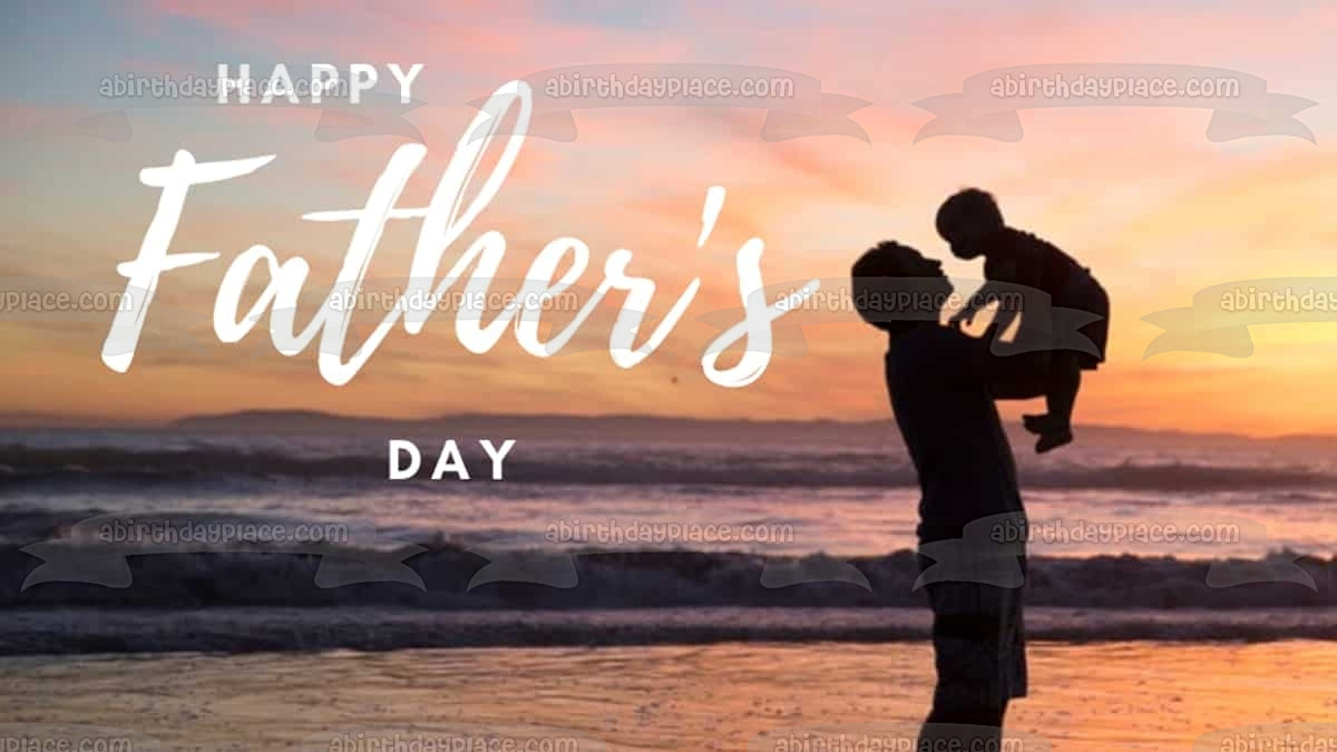 Happy Father's Day Father and Baby Silhouette Ocean Background Edible Cake Topper Image ABPID54037