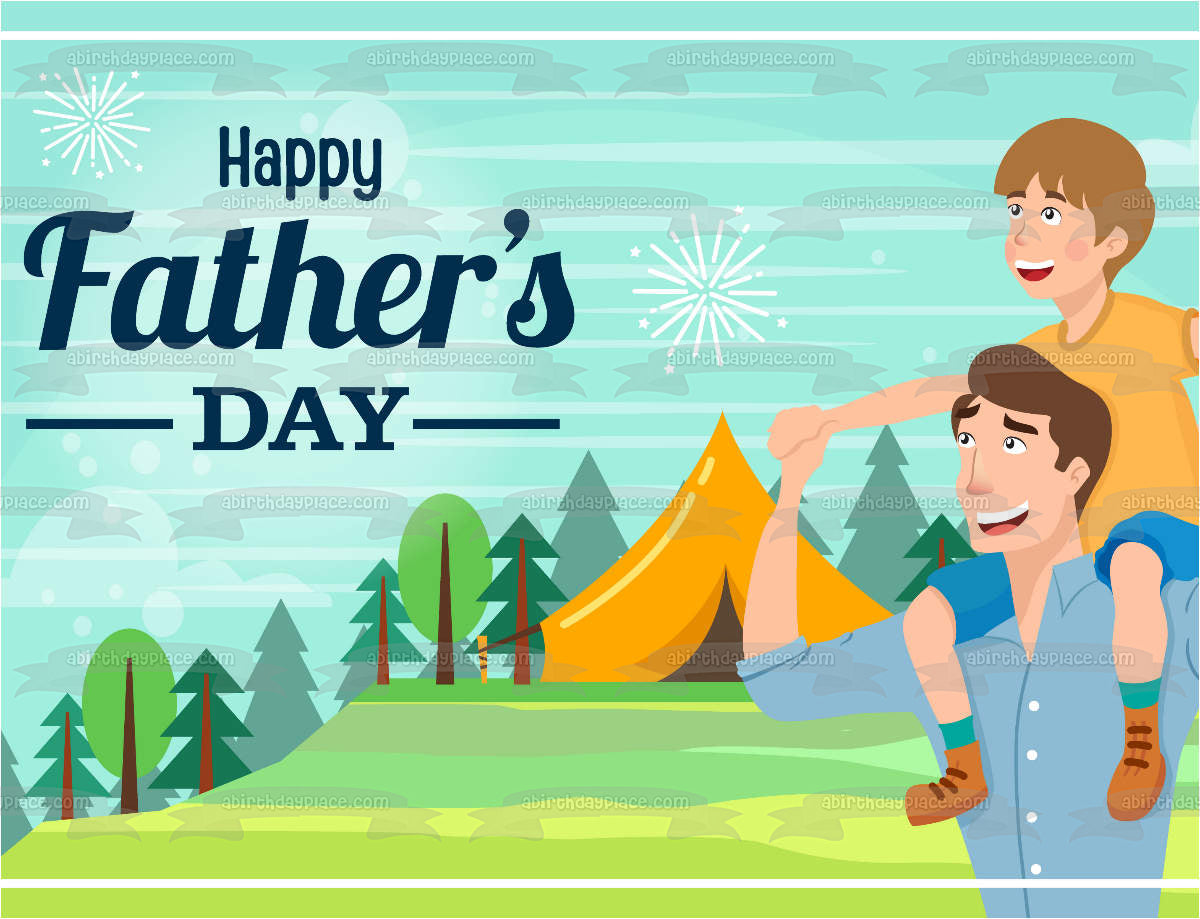 Happy Father's Day Father and Son Camping Tent Trees Edible Cake Topper Image ABPID54046