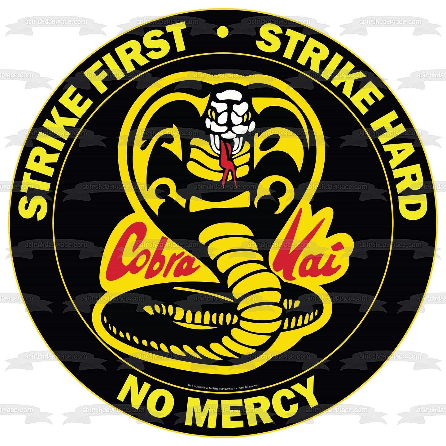 Cobra Kai Snake "Strike First Strike Hard No Mercy" Imagen comestible para decoración de tarta ABPID54073 