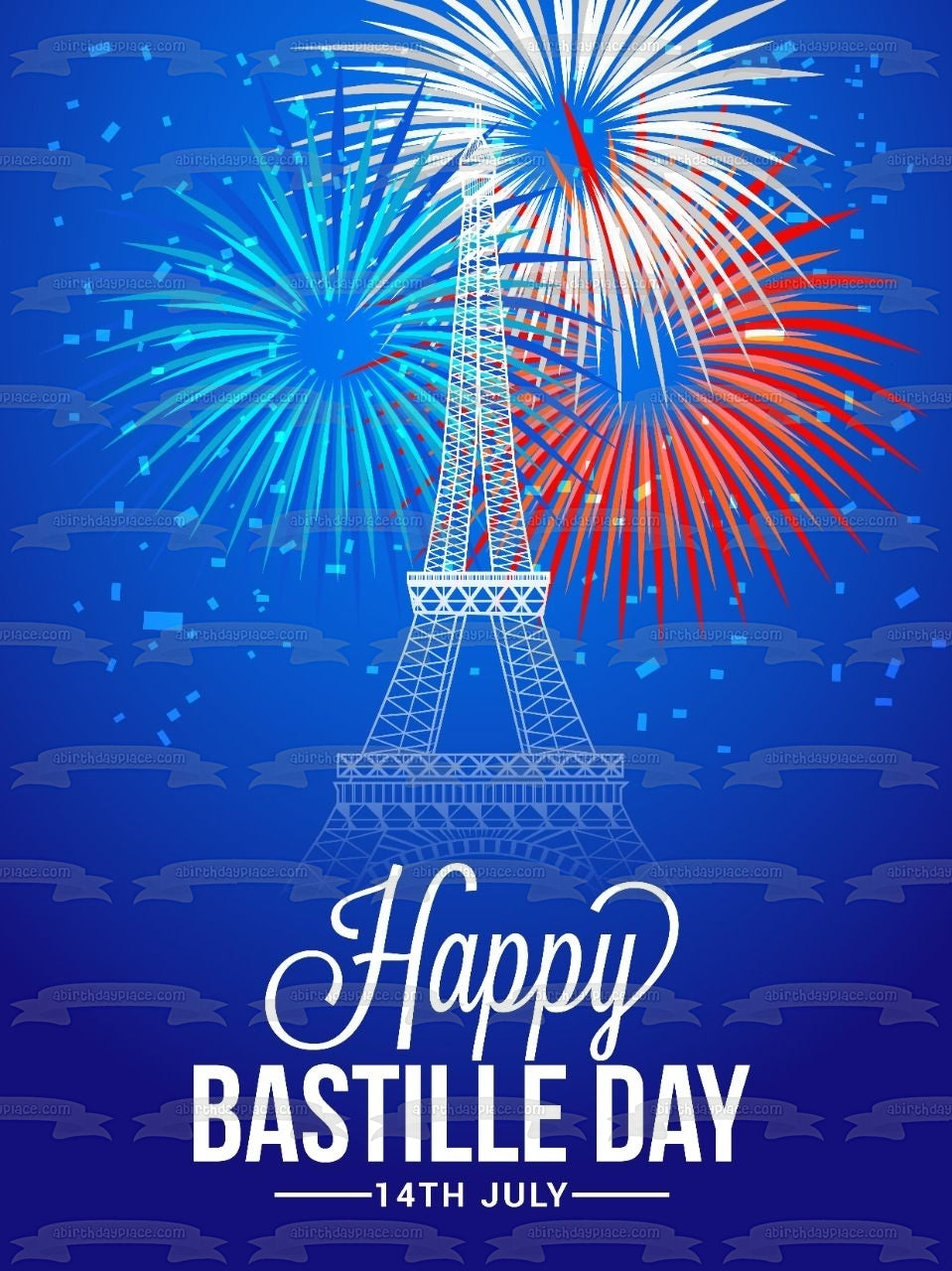 Feliz Día de la Bastilla 14 de julio Fuegos artificiales de la Torre Eiffel Imagen comestible para decoración de tarta ABPID54125 