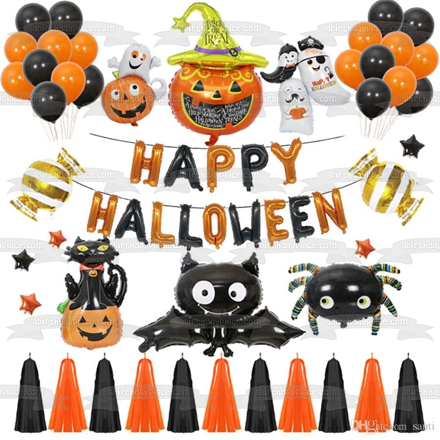 Happy Halloween Jack-O-Lanterns Spiders Ghosts Black Cat Edible Cake Topper Image ABPID54317