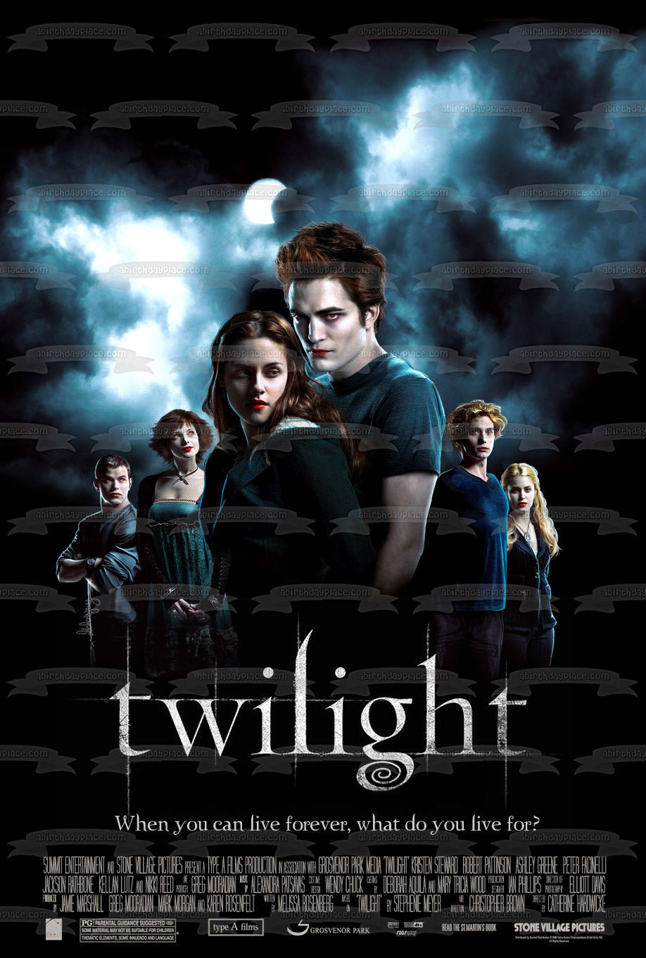 Póster de la película Crepúsculo Edward Bella Alice Jasper Emmet Rosalie decoración comestible para tarta imagen ABPID54542 