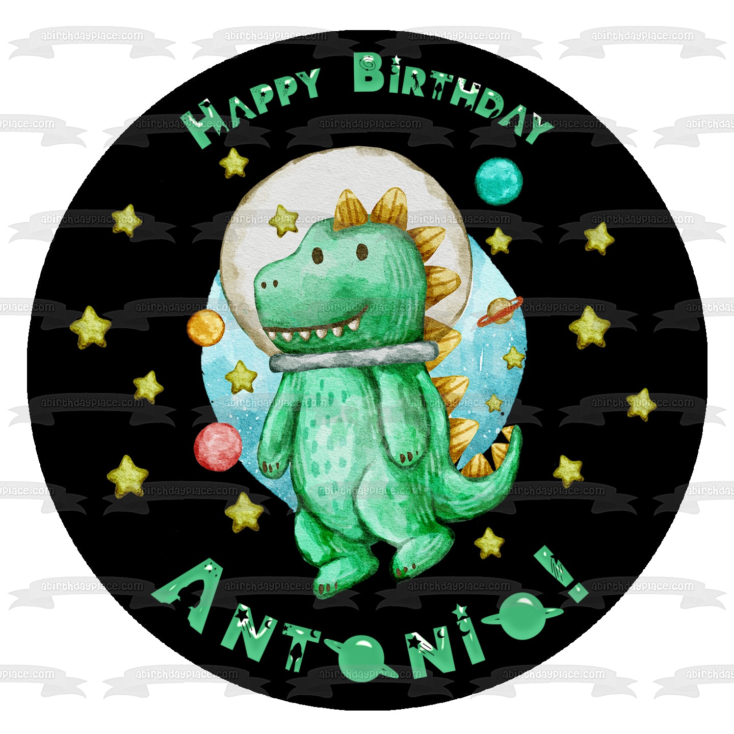 Imagen de decoración comestible para tarta con dinosaurio en el espacio, planetas y estrellas, ABPID54603 