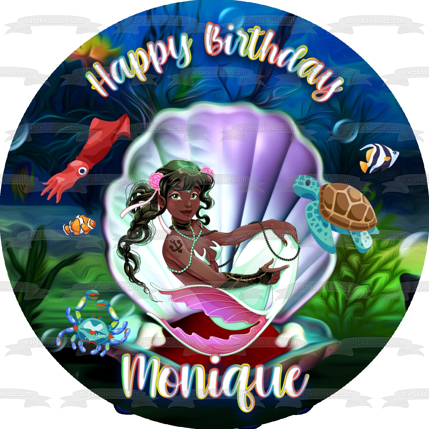 Imagen comestible para tarta con diseño de sirena afroamericana, vida marina y criaturas, ABPID54609 