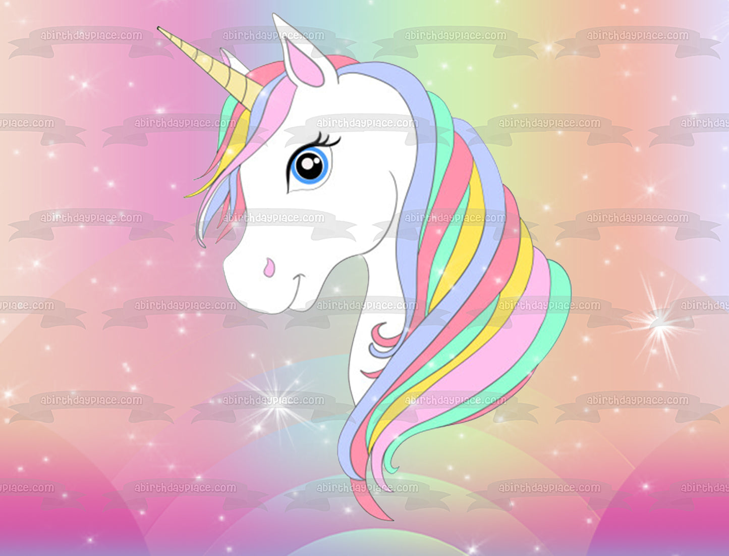 Unicornio arcoíris con destellos Personaliza con tu nombre y edad Imagen comestible para decoración de tarta ABPID54618 