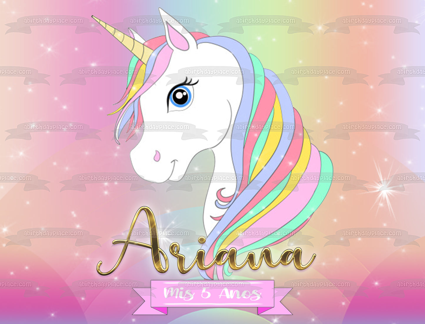 Unicornio arcoíris con destellos Personaliza con tu nombre y edad Imagen comestible para decoración de tarta ABPID54618 