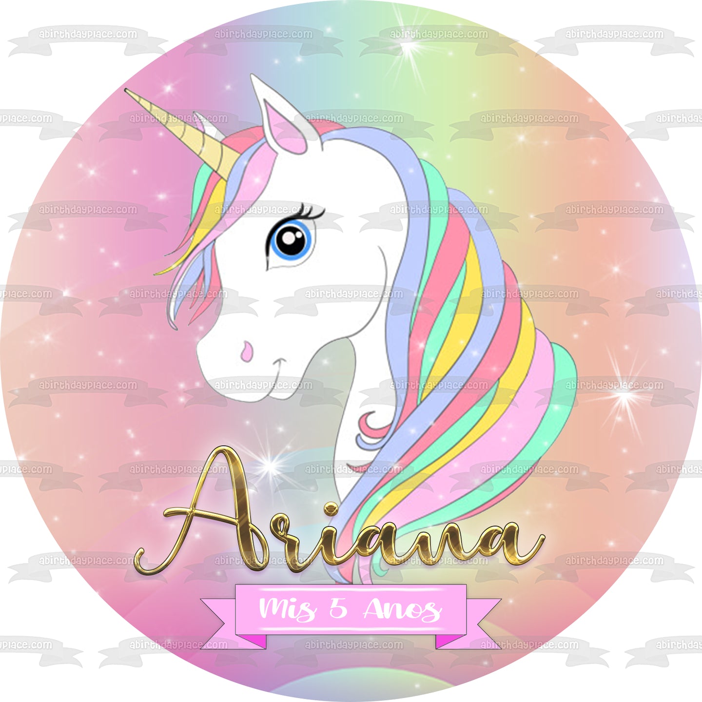 Unicornio arcoíris con destellos Personaliza con tu nombre y edad Imagen comestible para decoración de tarta ABPID54618 