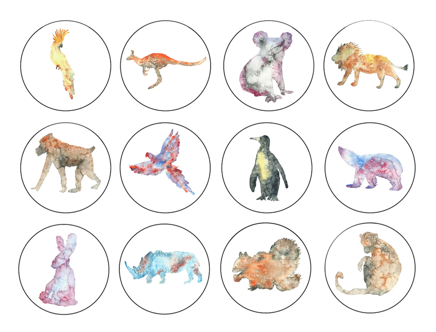 Assorted Watercolor Animals Rabbit Koala Bear Lion Monkey Penguin Edible Cupcake Topper Images ABPID54634