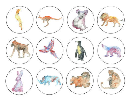 Assorted Watercolor Animals Rabbit Koala Bear Lion Monkey Penguin Edible Cupcake Topper Images ABPID54634