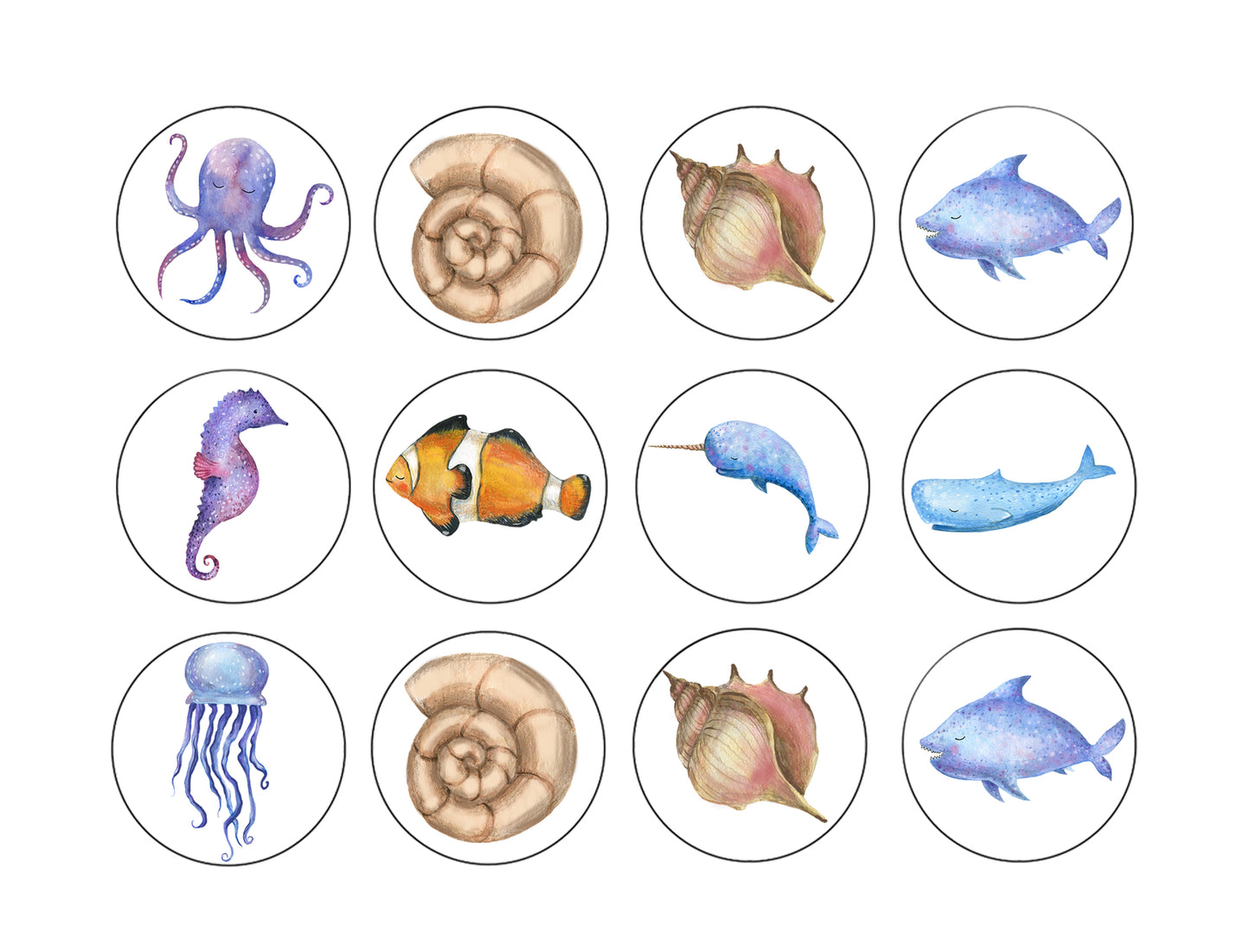 Watercolor Marine Ocean Sea Life Octopus Snail Jellyfish Fish Edible Cupcake Topper Images ABPID54635