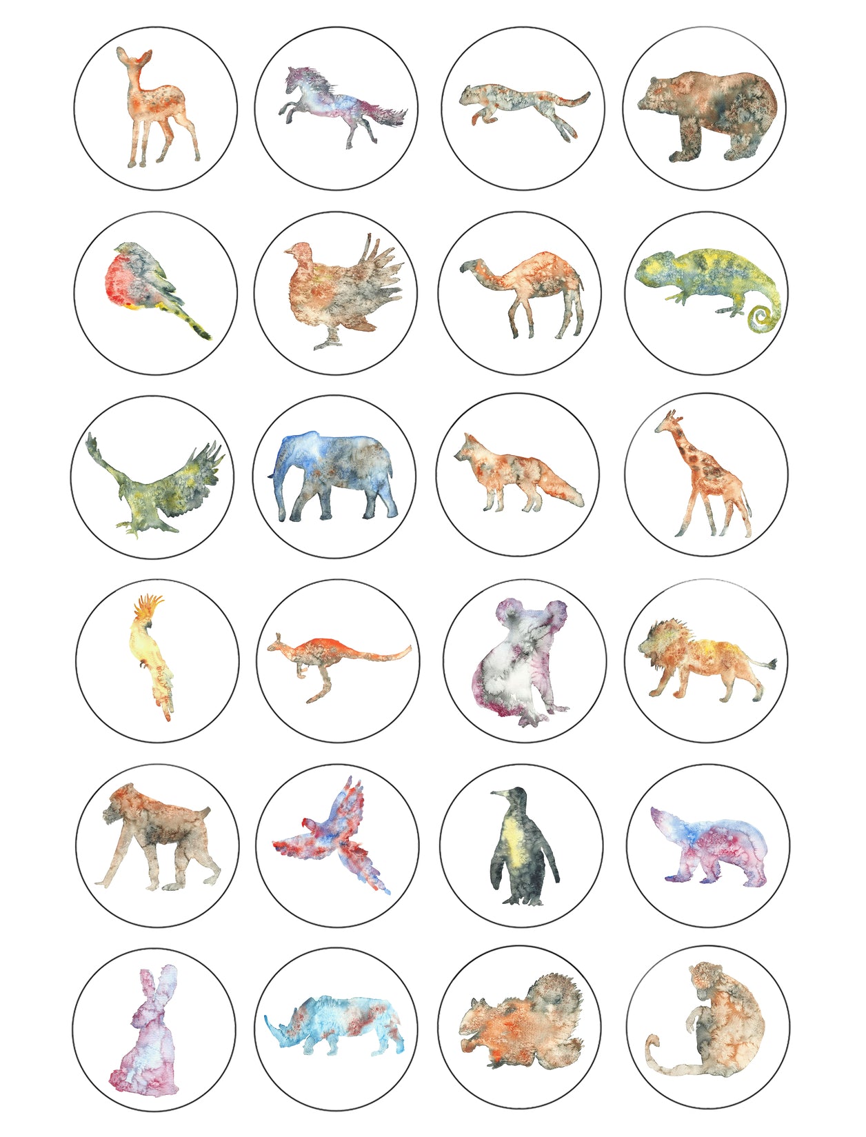 Watercolor Animals Deer Horse Bear Iguana Koala Bear Penguin Edible Cupcake Topper Images ABPID54637