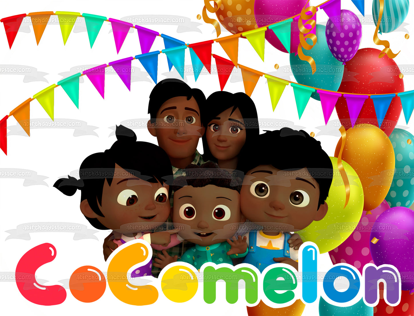 Multiracial Cocomelon Family Happy Birthday Balloons and Banners Edible Cake Topper Image ABPID54640