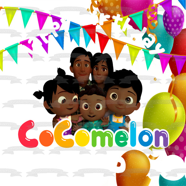 Multiracial Cocomelon Family Happy Birthday Balloons and Banners Edible Cake Topper Image ABPID54640