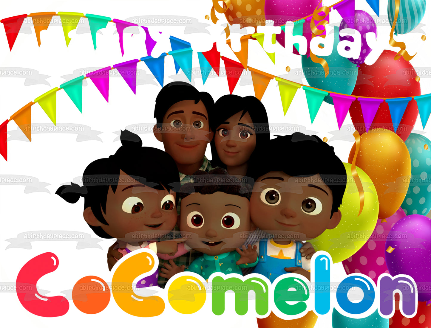 Multiracial Cocomelon Family Happy Birthday Balloons and Banners Edible Cake Topper Image ABPID54640