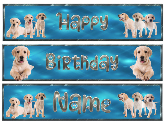 Cachorros labrador retriever amarillo feliz cumpleaños "su nombre personalizado" tiras de imágenes comestibles para decoración de tartas ABPID54648