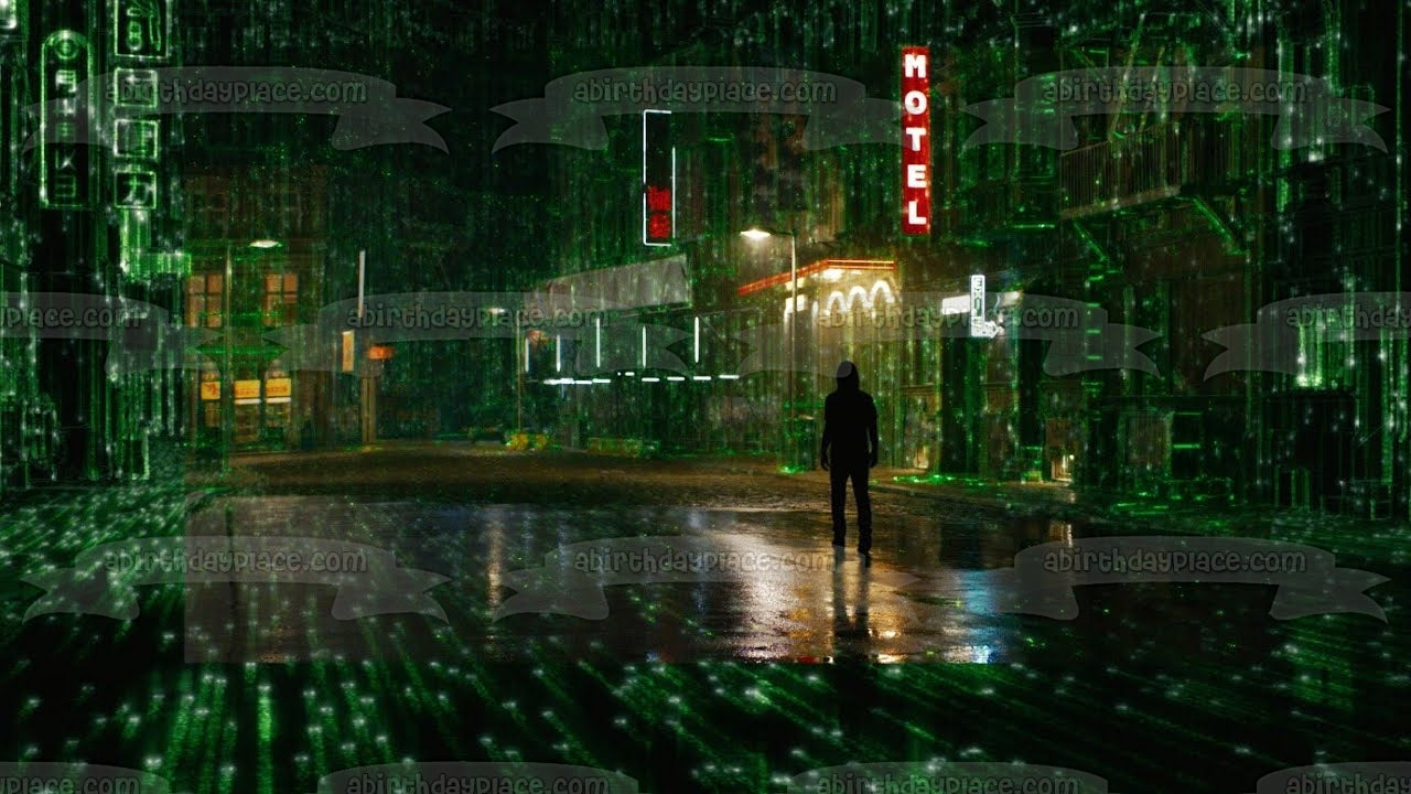 The Matrix Resurrections Neo caminando por una calle oscura decoración comestible para tarta imagen ABPID54727 