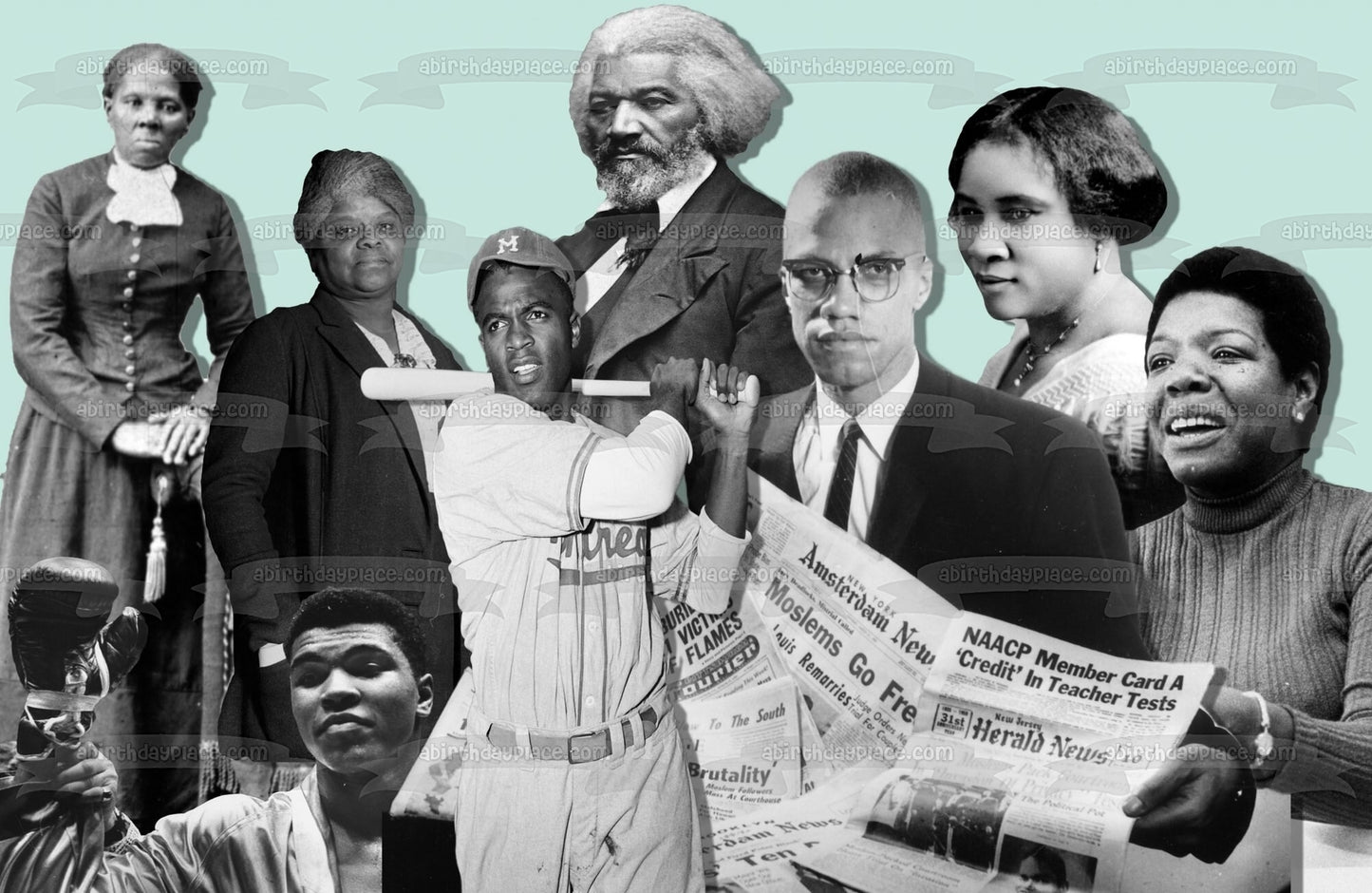 Feliz Mes de la Historia Negra Malcom X Muhammed Ali Frederick Douglass Señora CJ Walker Harriet Tubman Jackie Robinson Imagen comestible para decoración de tarta ABPID55214 