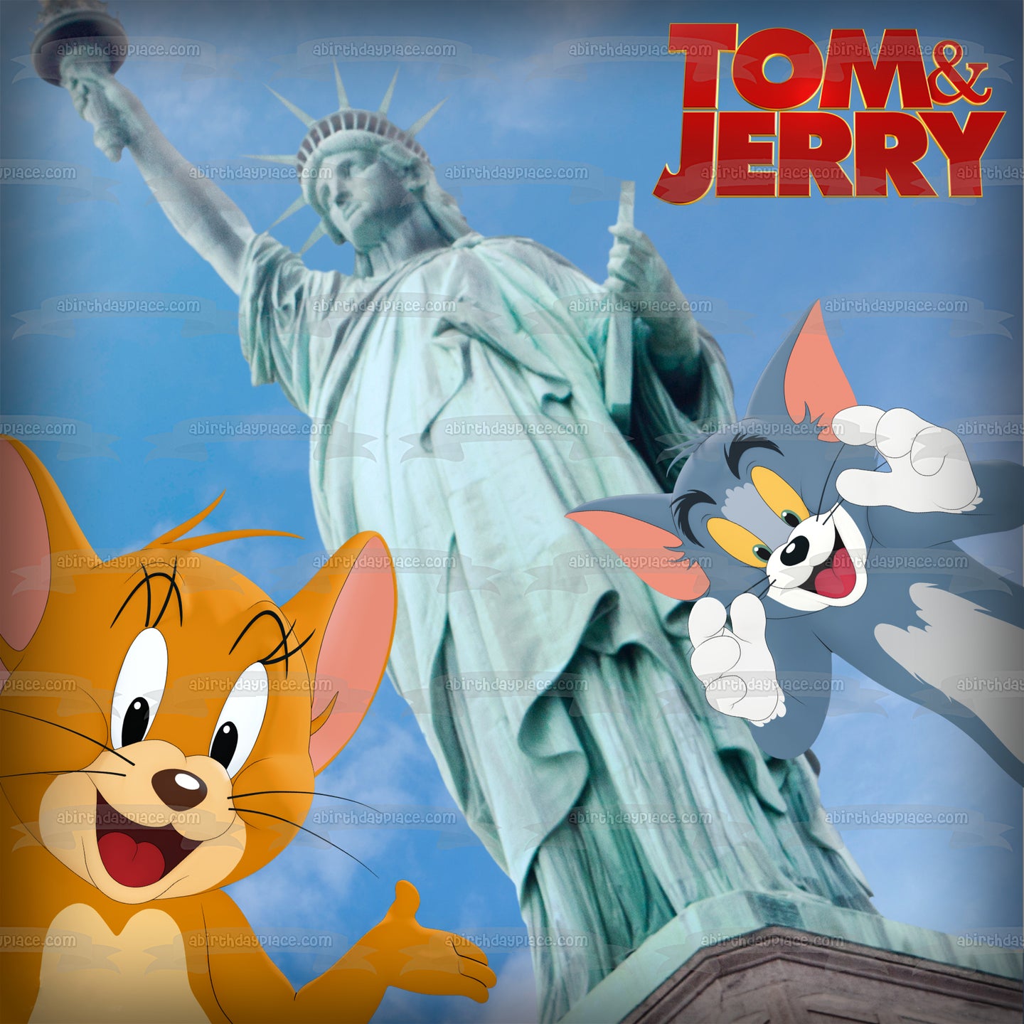 Imagen comestible para decoración de tarta de Tom y Jerry en la Estatua de la Libertad de Nueva York ABPID55352 