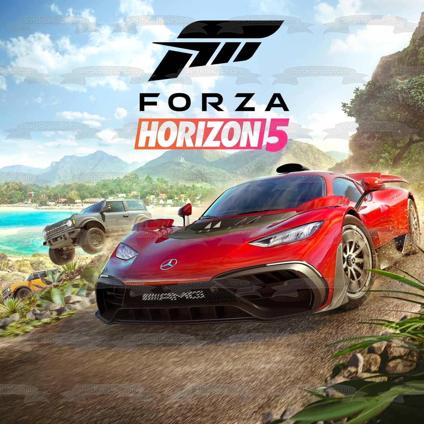 Adorno comestible para tarta con coche de carreras rojo de Forza Horizon 5, imagen ABPID55416 