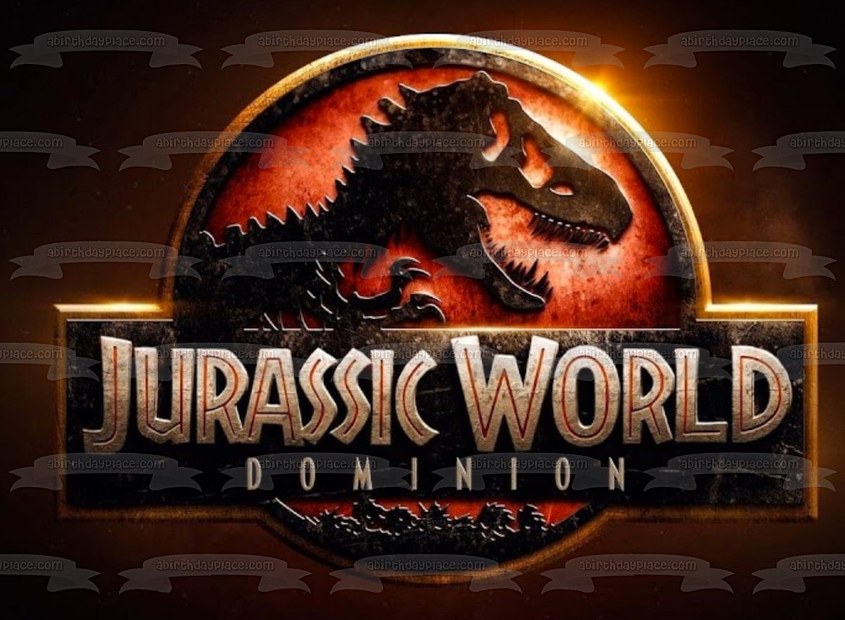 Logotipo de Jurassic World Dominion con un adorno comestible para pastel de T-Rex Imagen ABPID55531 