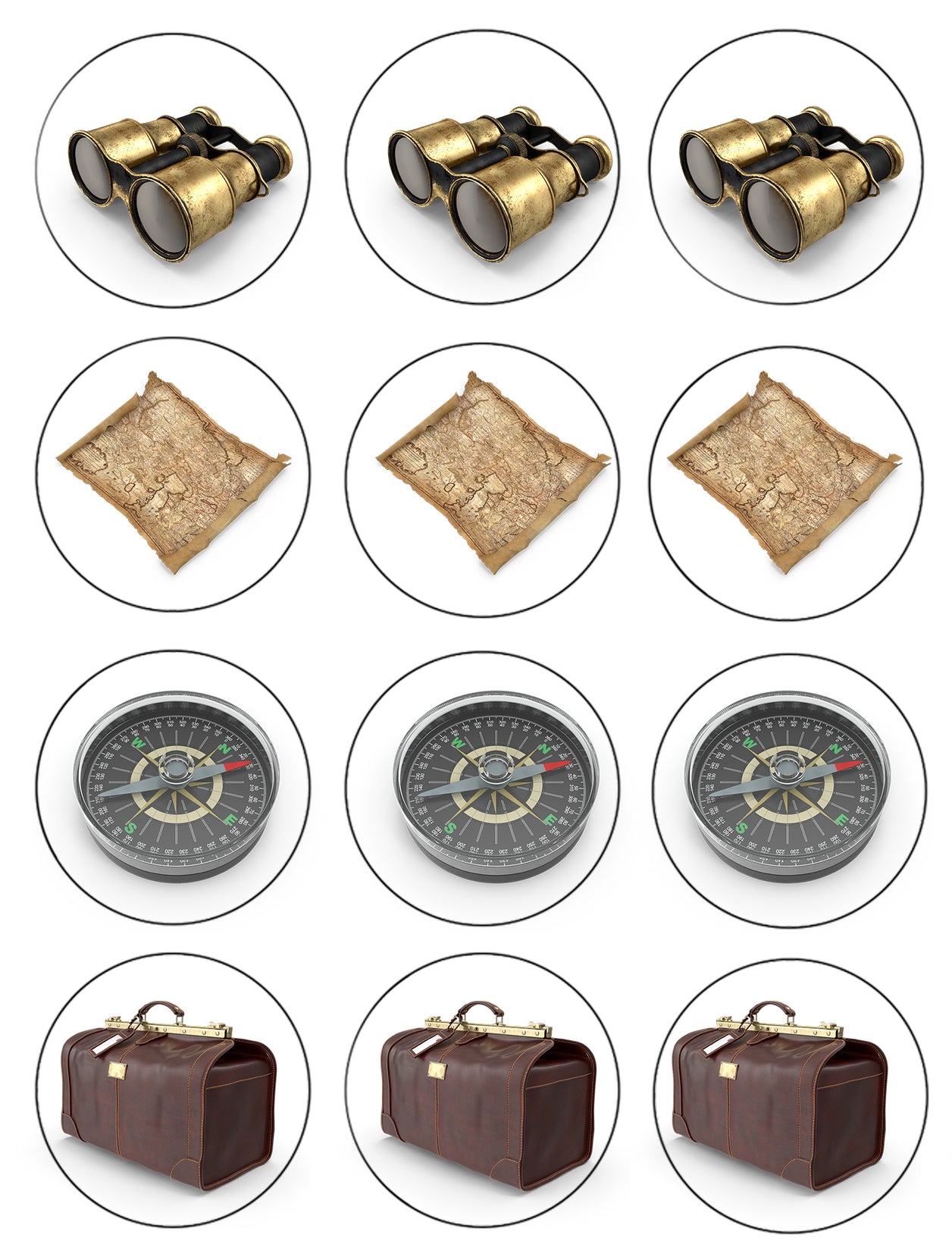 Adventure Awaits Items for Travel and Tourism Binoculars Map Compass Luggage Edible Cupcake Topper Images