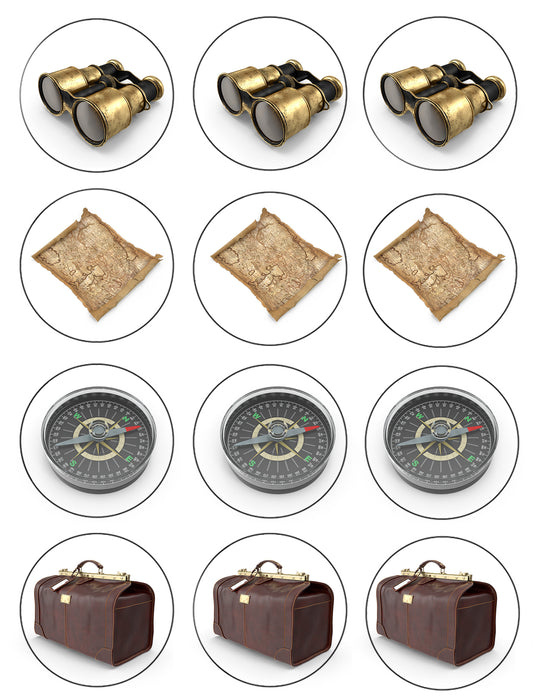 Adventure Awaits Items for Travel and Tourism Binoculars Map Compass Luggage Edible Cupcake Topper Images