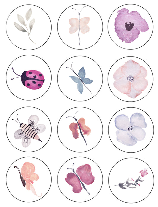 Assorted Watercolor Insects Bugs and Flowers Ladybug Edible Cupcake Topper Images ABPID55546