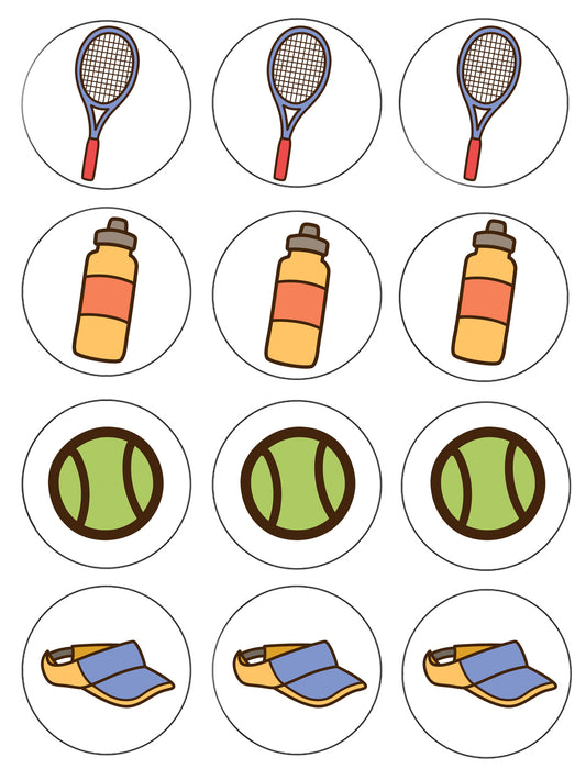 Tennis Ball Hat Racket and Water Bottle Edible Cupcake Topper Images ABPID55574