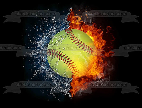 Softball Fire and Water Splash Abstract Sports Edible Cake Topper Image ABPID55682