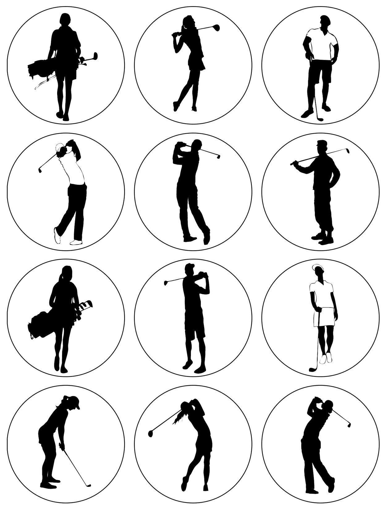 Golfing Golf Clubs and Caddys Backswing Action Silhouettes Edible Cupcake Topper Images ABPID55856