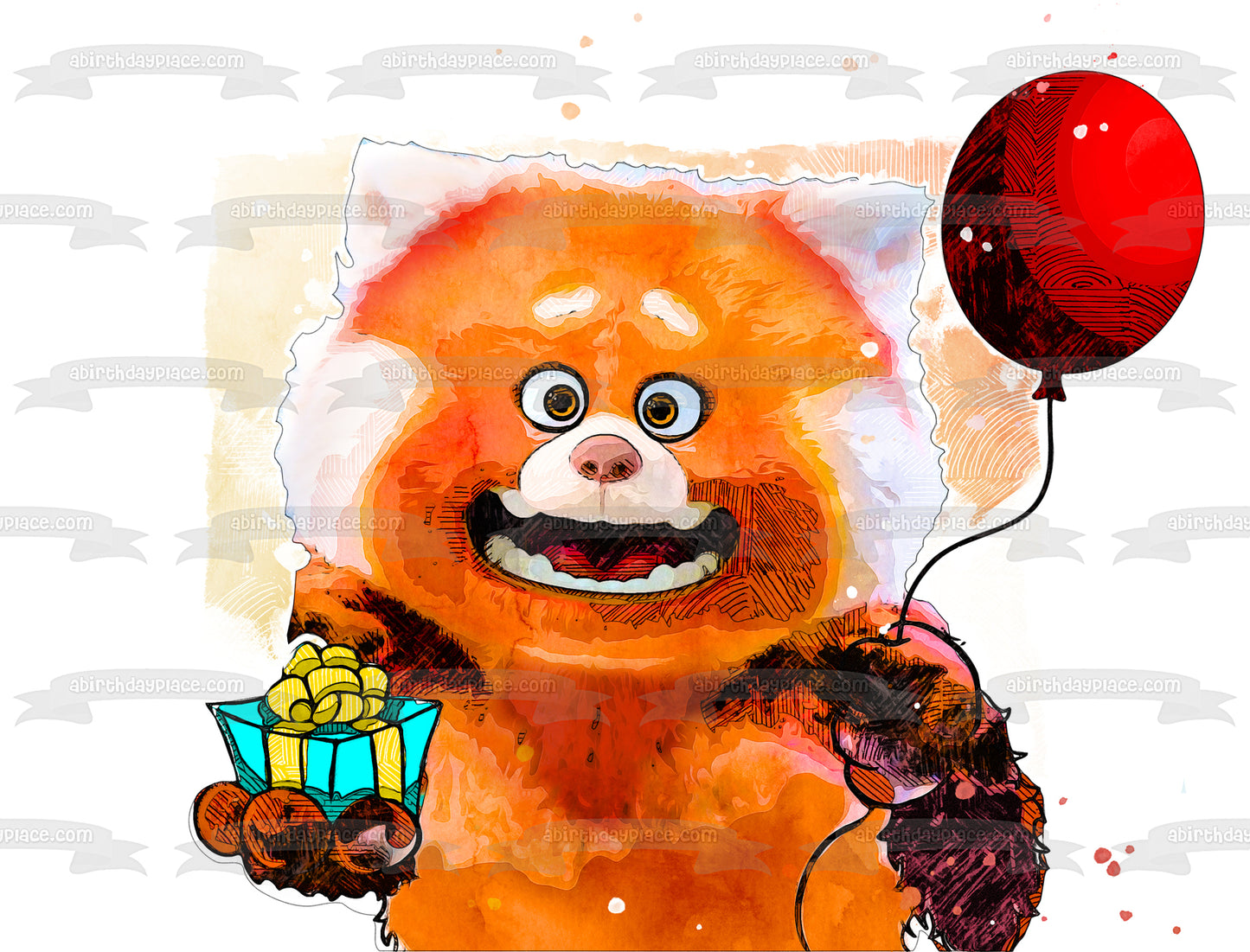 Dibujo de cumpleaños de Turning Red, Panda rojo con un globo y un regalo, adorno comestible para tarta, imagen ABPID56054 