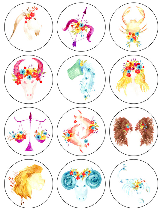 Watercolor Floral Zodiac Signs Bohemian Art Illustration Edible Cupcake Topper Images ABPID56379