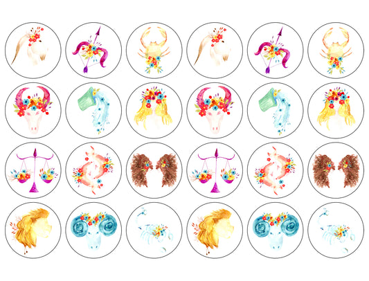 Watercolor Floral Zodiac Signs Bohemian Art Illustration Edible Cupcake Topper Images ABPID56380