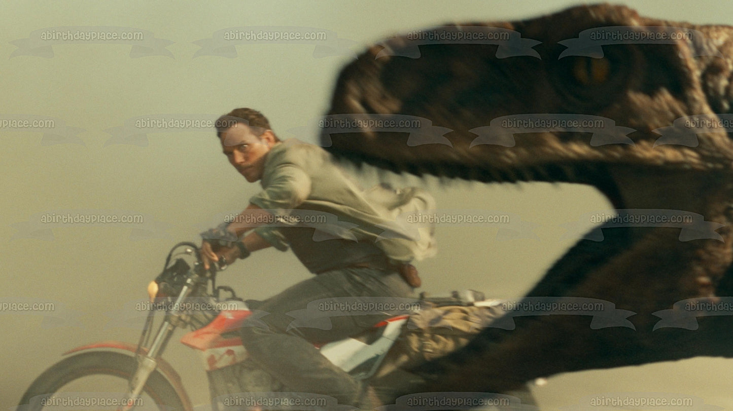 Jurassic World: Dominion Owen Grady on Motorcycle and a T-Rex Edible Cake Topper Image ABPID56383