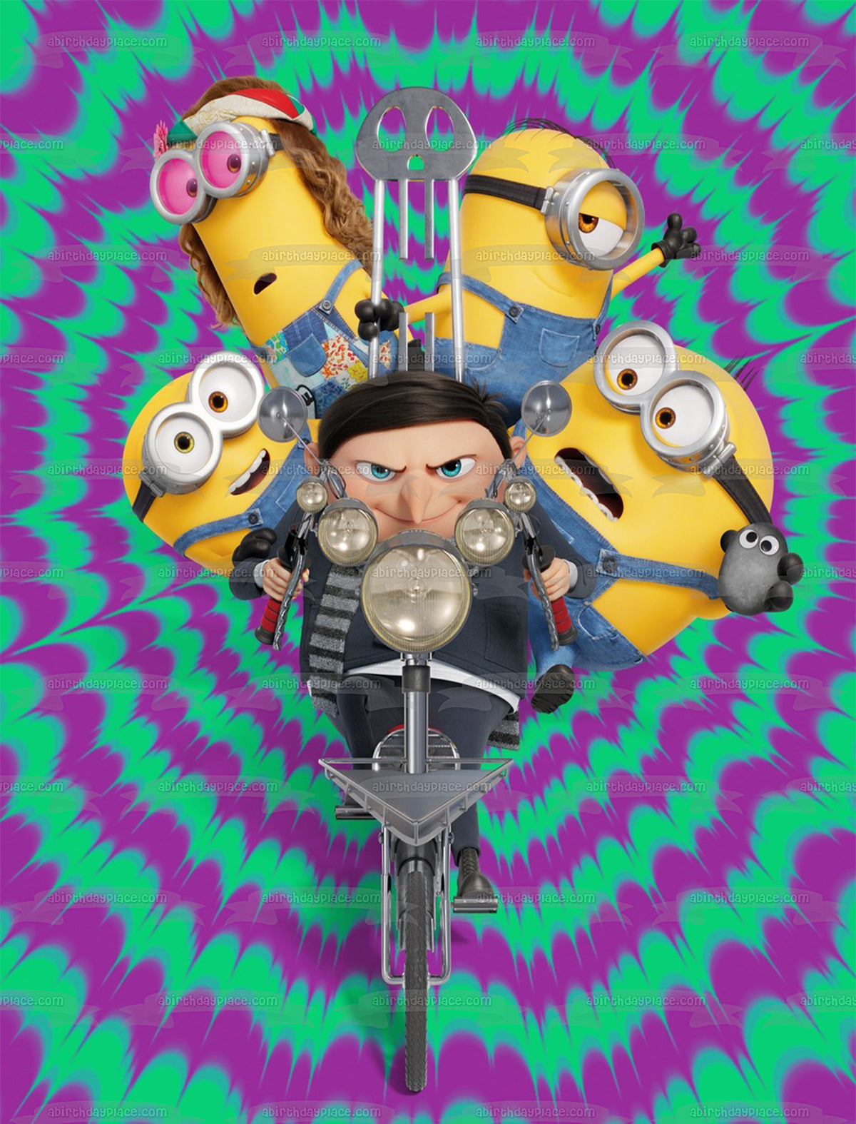 Minions the Rise of Gru with Gru on a Bicycle Edible Cake Topper Image ABPID56411